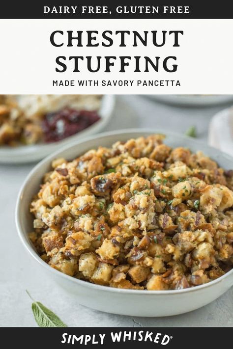 This savory pancetta chestnut stuffing is perfect for Thanksgiving and Christmas dinners. Plus, it’s dairy free and can be made ahead of time. Panchetta Recipes, Gluten Free Stuffing Mix, Best Thanksgiving Stuffing, Turkey Stuffing Recipe, Chestnut Stuffing, Chestnut Recipes, Thanksgiving Stuffing Recipes, Night Dinner Recipes, Gluten Free Stuffing