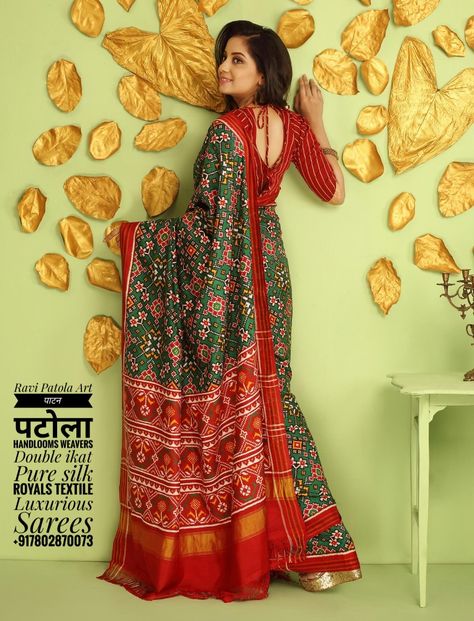 Bhandini Saree Blouse Patterns, Blouse Design For Patola Saree, Patan Patola Saree Blouse, Patola Saree Blouse Designs Latest, Green Patola Saree, Patola Blouse, Neck Shapes, Fusion Saree, Ruffle Blouse Designs