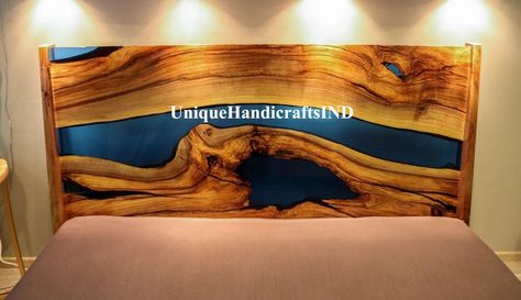 Resin Headboard Bed, Live Edge Furniture Bedroom, Epoxy Bed Frame, Handmade Bedroom Furniture, Epoxy Furniture, Live Edge Epoxy, Headboard Bedroom, King Bed Headboard, Wood Table Design