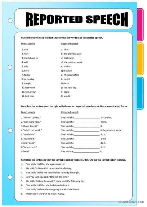 Reported Speech - Exercises: English ESL worksheets pdf & doc Figure Of Speech Worksheet, Reported Speech Questions, Reported Speech Worksheets, Direct Indirect Speech Worksheet, Parts Of Speech Exercises, Reported Speech Worksheet With Answers, Indirect Speech, Reported Speech, Grammar Exercises