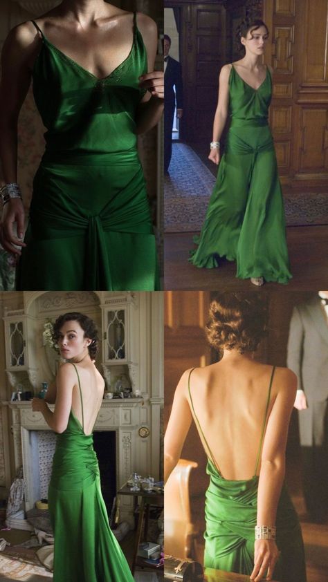 Green Dress From Atonement, Green Atonement Dress, Iconic Green Dress, Prom Dress Minimalist, Sade Dresses, Green Prom Dress Aesthetic, Atonement Green Dress, Green Graduation Dress, Iconic Dresses Of All Time