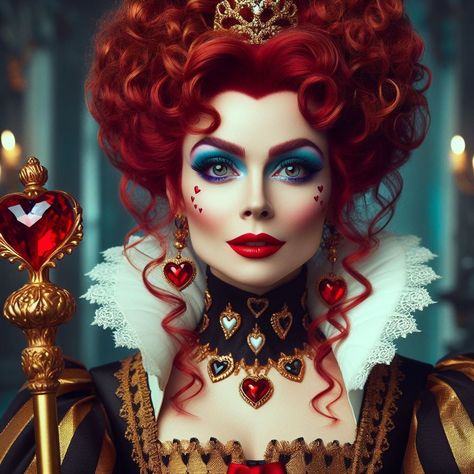 Queen Of Hearts Makeup Ideas, Queen Of Hearts Inspired Outfits, Queen Of Hearts Hair, Red Queen Makeup, Red Queen Costume, Red Hair Halloween Costumes, Alice In Wonderland Makeup, Queen Of Hearts Halloween, Queen Of Hearts Makeup