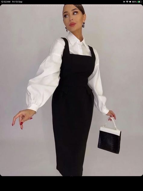 Office Modest Outfits Women, White Shirt Under Dress Outfit, Under Dress Outfit, Shirt Under Dress Outfit, Pinafore Dress Outfit, Shirt Under Dress, Office Wears, Cute Professional Outfits, Cargo Outfit