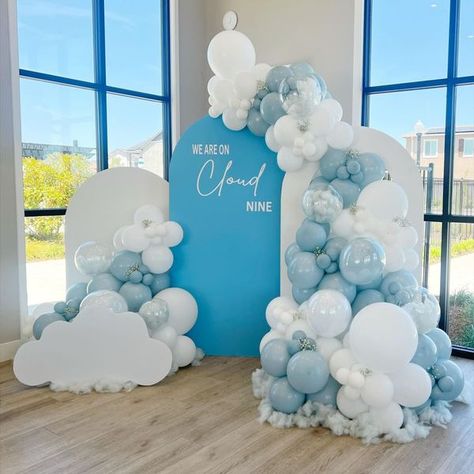 Event Planners and Balloon Artists Hub in US | Today's inspiration🩵 On the cloud theme☁️ | Facebook Tornado Balloon Garland, Cloud Backdrop Ideas, Cloud Theme Backdrop, On Cloud 9 Balloon Arch, 9th Birthday Party Ideas For Boys, Cloud 9 Backdrop, Cloud Centerpiece Baby Shower Ideas, Cloud Theme Party, Hoco Themes