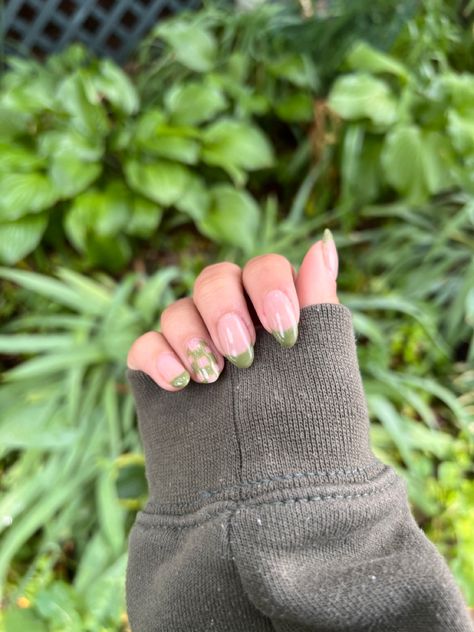 Gel nails french tip checkered accent almond nails Checker Almond Nails, Checkered French Tip Nails, Green Checkered Nails, Gel Nails French Tip, Almond Nails Pink, French Tip Gel Nails, Almond Nails French, Checkered Nails, Long Almond Nails