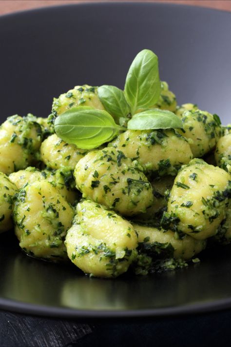 Light and fluffy gnocchi are served in an aromatic, basil pesto in this simple summer dish. Gnocchi With Pesto, Scott Conant, Gnocchi Pesto, Summer Dishes, Simple Summer, Basil Pesto, Gnocchi, Alfredo, Dumplings