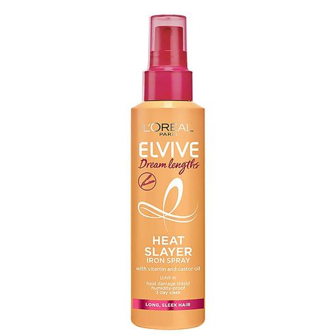 Heat-protectants are a must-have in any haircare regime. The L’Oréal Paris Elvive Dream Lengths Heat Slayer Spray is designed to shield strands from thermal damage up to 230°C.  Moisturising agents power the formula, helping to soften the look of frizz and fly-aways. Castor Oil fights dryness by wrapping the hair shaft in a conditioning veil, leaving strands velvety to touch. This thermal protection spray repels the damaging effects of heat styling, fortifying against external breakages. Its lig Best Heat Protectant Spray, Heat Spray, Long Sleek Hair, Loreal Hair, Heat Protectant Spray, Heat Protectant Hair, Protection Spray, Sleek Hair, Paris Dream