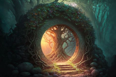 Fantasy Teleport Gate, Fantasy Stone Circle, Fantasy Portal Aesthetic, Portal Isekai, Fantasy Portal Art, Magic Door Fantasy Portal, Teleportation Portal, Portal Concept Art, Pagan Wallpaper