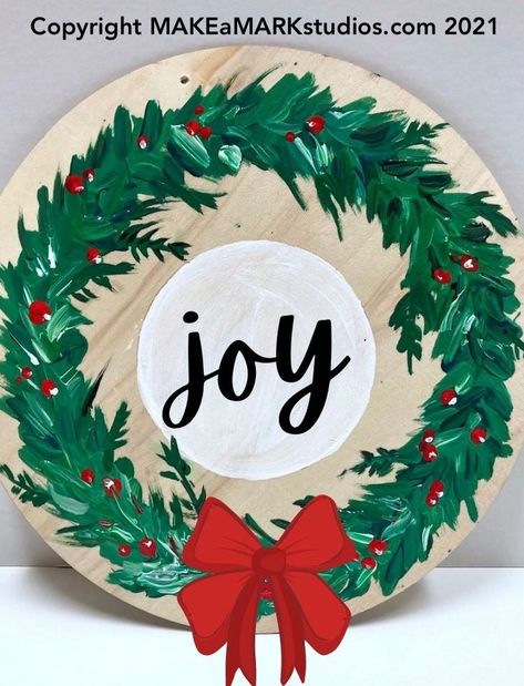 How to paint a holiday wreath » Make a Mark Studios Wood Slice Ornament Painted Easy, Painted Wreath Ornaments, Painted Christmas Wreath On Wood, How To Paint A Wreath, Painted Wreath On Wood, Painted Christmas Wreath, Christmas Wreath Painting, Wood Ornament Painting Ideas, Holiday Art Projects