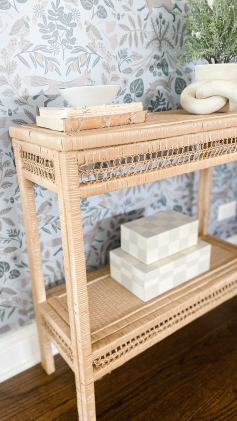 ravenwoodrestored on Instagram: How to update your outdated white wicker to look like rattan? ✔️Clean with Krudkutter ✔️Paint with @rustoleum khaki gloss spray paint .⁣… Rattan Entryway Table, Painted Rattan Furniture, Rattan Entryway, Spray Paint Wicker, Furniture Stripping, Entryway Table Ideas, Painting Wicker Furniture, Stripping Furniture, Wicker Dresser