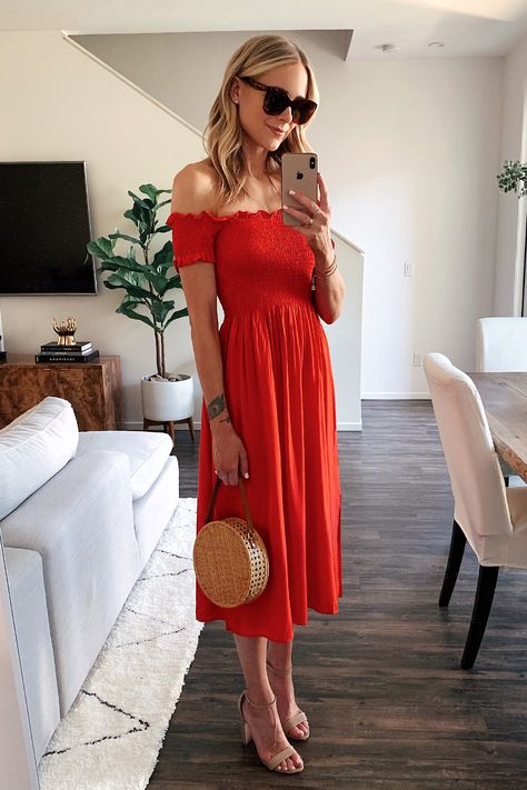 Fashion Jackson Wearing Red Off the Shoulder Midi Dress Affordable Summer Dresses, Midi Dress Outfit, Red Summer Dresses, Red Dresses Classy, Fashion Jackson, Red Dress Outfit, Affordable Dresses, Sleeveless Dress Summer, Summer Dress Outfits