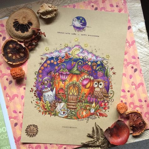 Puck Creations on Instagram: “Autumn Scene, finished!🍁✨🌙🧡Freebie by Rita Berman. I used Castle Arts pencils on brown paper and my handmade watercolors. 🍂 #ritaberman…” Pagan Drawings, Metallic Watercolors, Map Making, Rita Berman, Book Pictures, Castle Art, Instagram Autumn, Coloring Inspiration, Horror Books