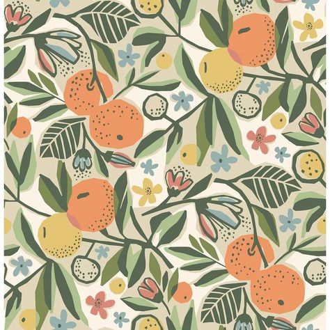 Retro meets eclectic in this fun fruit peel and stick wallpaper. Ochre clementines pop against a cream backdrop amid green leaves for an earthy and folksy feel. Ochre Clementine Garden Peel and Stick Wallpaper comes on 1 roll that measures 20.5 in. wide x 18 ft. long. Fun Fruit, Monochromatic Color Palette, Fruit Roll, Fruit Peel, Fruit Wallpaper, Warm Colour Palette, Blue Backdrops, Wallpaper Rolls, Peel Stick Wallpaper