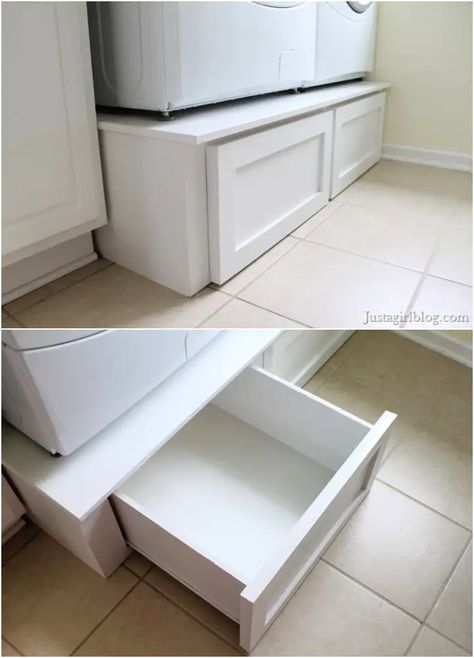 Diy Laundry Pedestal (20 Ways To Build) Diy Laundry Stand, Diy Laundry Platform, Washer And Dryer Pedestal With Drawers, How To Build A Washer And Dryer Pedestal, Diy Laundry Room Cabinets How To Build, Laundry Pedestal Diy, Washer And Dryer Pedestal Diy, Diy Laundry Pedestal Platform, Diy Pedestal For Washer And Dryer