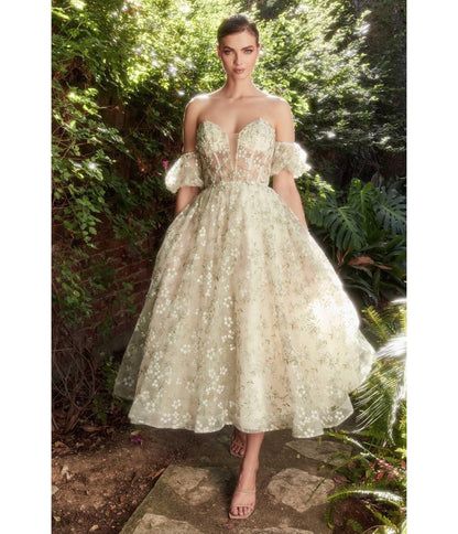 Cinderella Divine  Green Romantic Floral Organza Tea Length Bridesmaid Gown Midi Dress Bride, Organza Fabric Dresses, Andrea And Leo, Midi Gown, Midi Gowns, Sheer Corset, Corset Design, Tea Length Skirt, Tea Length Wedding