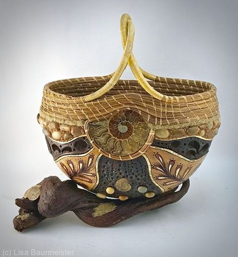 Beach Picnic Basket, Gourd Baskets, Gourd Art Ideas, Gourd Jewelry, Pine Needle Crafts, Gourds Art, Gorgeous Gourds, Needle Weaving, Basket Art