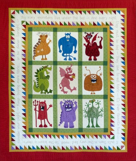 Monsters! - Complete Pattern Set Monster Quilt Pattern, Monster Quilt, Childrens Quilts, Halloween Quilts, Old Quilts, Boy Quilts, Quilting Supplies, Free Quilting, Applique Patterns