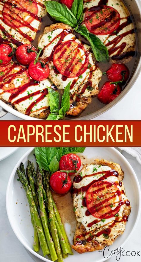 caprese chicken with basil, tomato, and balsamic sauce on top