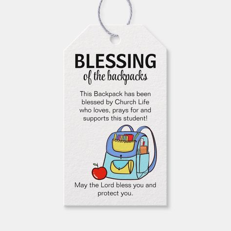 Blessing of the backpacks gift tags Backpack Blessings Tags, Blessing Of The Backpack Tags, Blessing Of The Backpacks Ideas, Backpack Blessing Tags, Foster Closet, Kids Backpack Tags, Outreach Ideas, Kids Bag Tags, Church Youth