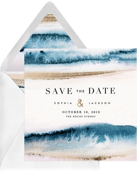 Contemporary Waves by Claudia Owen | Greenvelope.com Ocean Wedding Inspiration, Ocean Save The Date, Blue And Tan Beach Wedding, Surf Wedding Invitations, Beach Wedding Website, Beach Themed Save The Dates, Save The Date Ideas Beach Wedding, Deep Sea Wedding Color, Beachy Save The Date Ideas