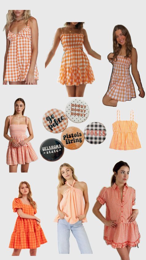 Oklahoma state university game day gingham outfits Okstate Game Day Outfit, Oklahoma State Game Day Outfit, College Gameday Outfits, Gingham Outfit, Gameday Outfits, College Gameday, Football Game Outfit, Oklahoma State University, Game Day Outfit