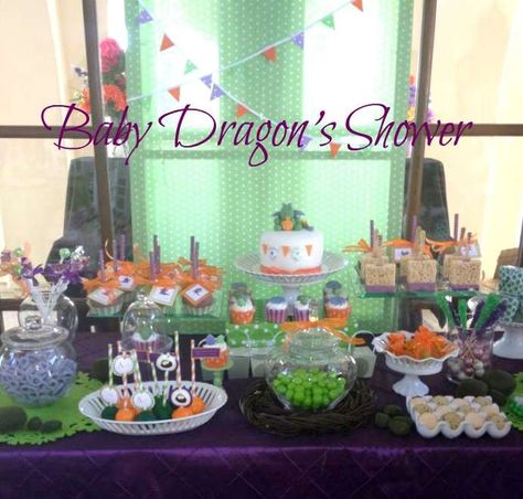 Baby Dragon Baby Shower Party Ideas | Photo 5 of 10 | Catch My Party Dragon Baby Shower Invitations, Baby Shower Reveal Ideas, Dragon Baby Shower, October Baby Showers, Dragon Table, October Baby, Baby Shower Party Ideas, Dragon Party, Shower Party Ideas