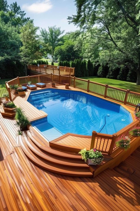 Budget-Friendly Above Ground Pool Deck Ideas Simple In Ground Pool Ideas, Multilevel Deck With Pool, Above Ground Pool Off Back Deck, Pool Decks For Above Ground Pools, Deck Around Above Ground Pool, Manson House, Patio Paver Ideas, Above Ground Pools With Decks, Above Ground Pool With Deck