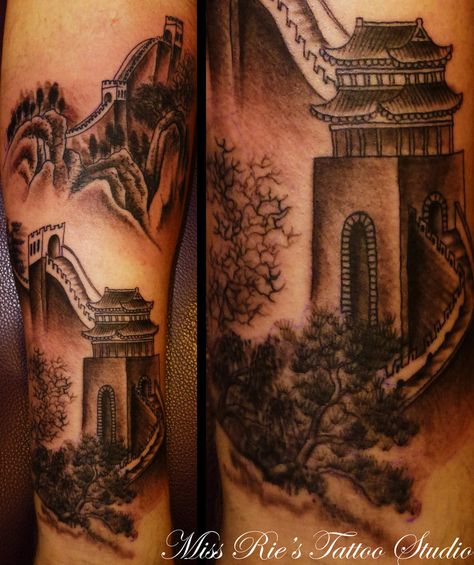 Great Wall Of China Tattoo Design, Great Wall Of China Tattoo, China Tattoo Design, China Tattoo, Chinese Bridge, Bridge Tattoo, Chinese Drawing, Disney Sleeve, Travel Tattoos