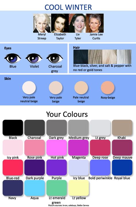 Cool winter Skin Types Chart, Winter Skin Tone, Cool Winter Color Palette, Butter Blonde, Which Hair Colour, Deep Winter Colors, Clear Winter, Winter Color Palette, Winter Typ