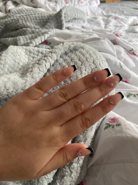 Cute Coffin Shaped Nails, Heart Nails Coffin, White Heart Nails, Coffin Shaped Nails, Black French Tip, Black French Tips, Shaped Nails, Coffin Shape Nails, Black French