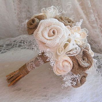 Burlap Bouquet, Burlap Roses, White Rose Bouquet, Fall Bouquet, Material Flowers, Eggshell White, Rustic Wedding Bouquet, Cascade Bouquet, Blush Bride