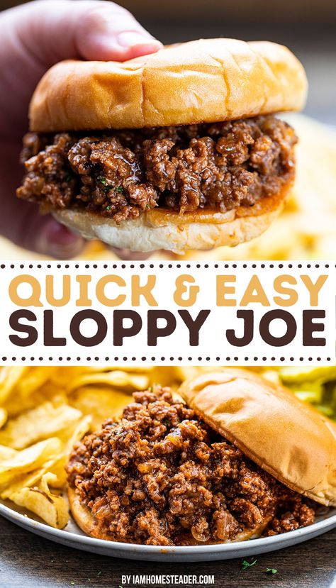 Two images, one is a sloppy joe, held in a hand, the other is on a plate with chips and pickles, with the top bun resting off to the side. Smoked Sloppy Joe Recipe, Unique Sloppy Joe Recipes, Sloop Joes, Canned Sloppy Joe Sauce, Sloppy Jane Recipe, Sloppy Janes, Sloppy Joe Recipes, Turkey Sloppy Joes Recipe, Ground Turkey Sloppy Joes