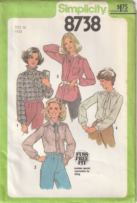 Simplicity 8738; ©1978; Misses' Blouse ... A Fuss Free Fit Pattern with special instructions for fitting: Blouse gathered to yoke has front band closing, forward shoulder seams and long set in sleeves gathered to buttoned cuffs. V. 1 with self ruffles and V. 3 with pocket, shirt tail hem and contrast detail have stand up collar. Lace trimmed V. 2 has shirt type collar. V. 4 features tie collar.  Misses Size 14 Bust: 36" Waist:  28" Hip:  38" Pattern is uncut, factory folded with instructions Env 1970s Sewing Patterns, Blouse Pattern Sewing, Motif Vintage, Simplicity Sewing, Couture Vintage, Simplicity Sewing Patterns, Sewing Pattern Sizes, Simplicity Patterns, Blouse Patterns