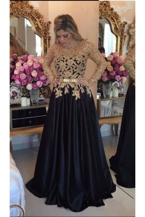 A-Line Long Black Mother of the Bride Dresses with Gold Lace 702157 Black Long Sleeve Prom Dress, Prom Dresses Long Black, Long Sleeve Prom, Black Prom, فستان سهرة, A Line Prom Dresses, Prom Dresses Long With Sleeves, Gold Lace, Black Prom Dresses