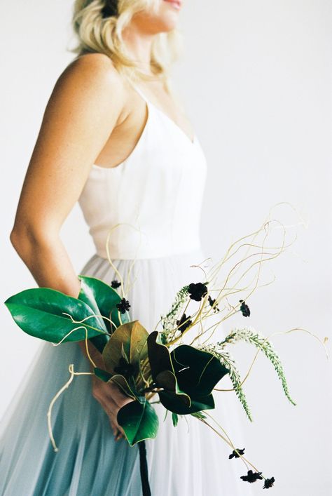 Magnolia Leaf Bouquet, Bridal Gown Simple, Modern Bridal Bouquets, Nontraditional Bride, Unique Bridal Bouquets, Modern Wedding Bouquets, Champagne Color Dress, Wedding Party Photography, Gown Simple