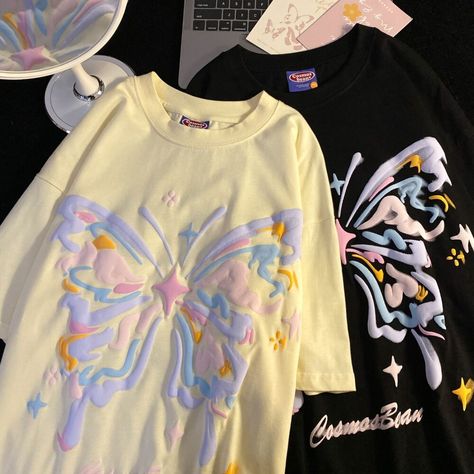 Korean Tshirt, Butterfly Shirt, Trendy Shirt Designs, Butterfly Graphic, Oversize Casual, Y2k Top, Selling Clothes, Summer Tee, Fashion Couple