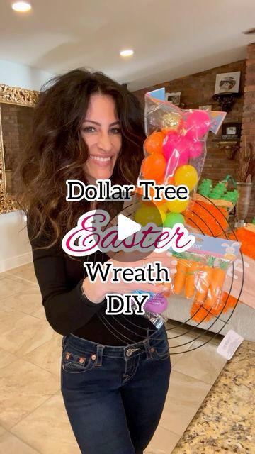 Bethany Mortellaro on Instagram: "🥕 Dollar Tree Easter Wreath DIY

Can't believe we are two sleeps away from Easter morning! I love how colorful this wreath came out! This DIY is so inexpensive and customizable, with so many easter options from Dollar Tree 😍.

Items needed:

- wire wreath
- eggs
- easter grass
- mini carrots
- welcome sign
And lots of hot glue! 

Hot glue easter eggs to the back side of the wire wreath, cradling the first ring of eggs. Hot glue eggs in between the first row of eggs. Add easter grass for that added pizazz, then hot glue another row of easter eggs on top. Add mini carrots throughout, then flip over and add a welcome sign of choice. Hang and enjoy! 

#bethanyscasa #dollartree #dollartreecommunity #dollartreecrafts #dollartreediy #dollartreedecor #dollartree Dollar Tree Stacking Eggs, Easter Egg Wire Wreath Diy, Carrot Wire Wreath From Dollar Tree, Dollar Tree Stackable Eggs, Wire Carrot From Dollar Tree, Mini Carrots, Easter Wreath Diy, Easter Morning, Wire Wreath