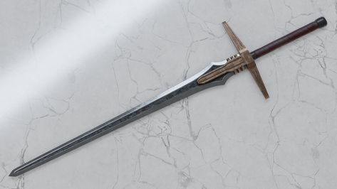 Here's a longsword design I really like. Feel free to change it up and add some flair to it! I like the idea of simplistic, yet elegant and I feel this type of sword design encapsulates it well. (I'd like the blade to be silver in color with a black metal crossguard and hilt. The leather wrapping of the handle can be brown. I’ve desides against the sword glowing in the picture. It’ll just be the standard blade without any flashy shows of power Longsword Art, Longsword Design, Oversized Fantasy Swords, Dual Swords, Jedi Armor, Magical Longsword, Sci Fi Longsword, Longsword Fantasy, Curved Swords