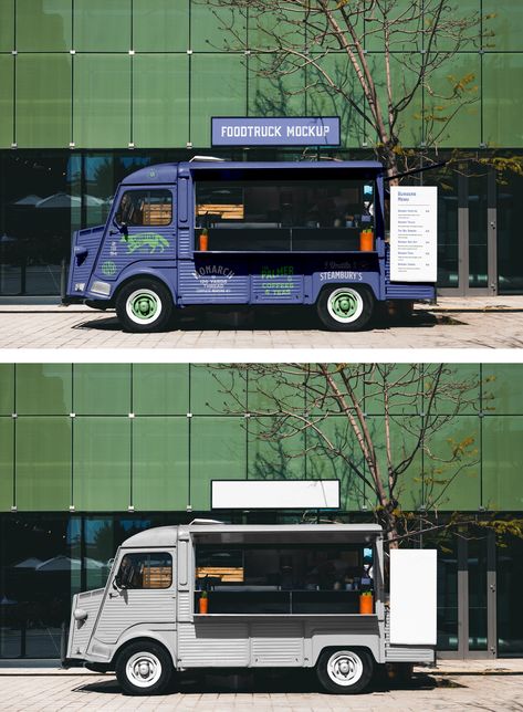 Open food truck with small banner and menu park across corporate building. Food Truck Mockup, Food Truck Wrap Design, Foodtruck Design, Vintage Food Truck, Food Truck Branding, Burger Business, Truck Branding, Food Truck Trailer, Spilt Milk