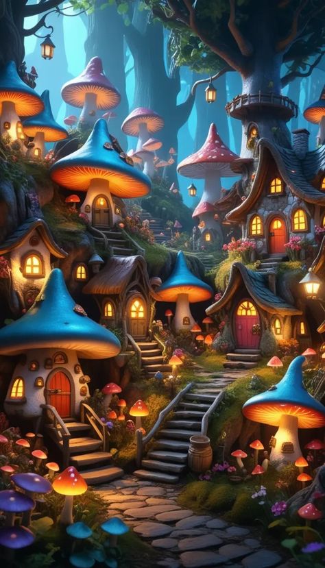 Explore - PicLumen Enchanted Village, Village Illustration, Mushroom Village, Gnome Village, Wild Mushroom Photography, Village Art, Enchanted Wood, Mushroom Hunting, Horse Illustration