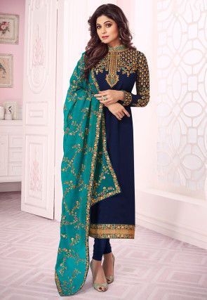 Royal Blue Contrast Colors, Blue Contrast Colors, Shamita Shetty, Celana Fashion, Heavy Dupatta, Straight Suit, Bollywood Party, Churidar Suits, Salwar Kameez Online