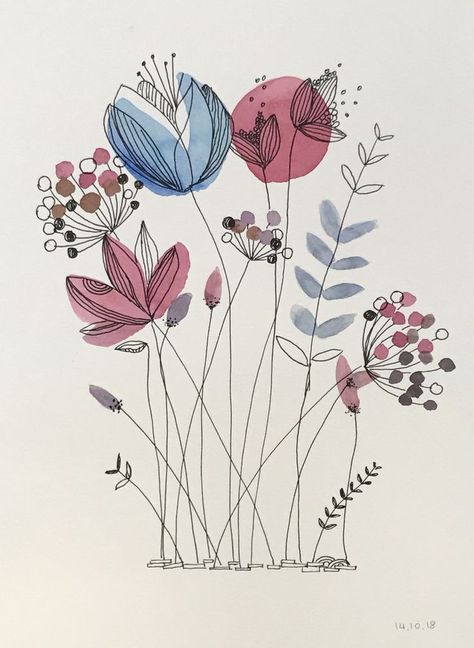 Watercolour Bunny Tutorial, Line Art Over Watercolor, Watercolour And Line Art, Watercolour And Pen Art Flowers, Floral Art Simple, Cute Watercolour Doodles, Doodle Art Floral, Watercolour Doodle Art, Watercolor And Pen Flowers