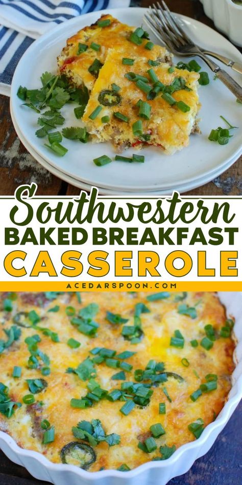 Start your Christmas morning with a cheesy, fluffy Southwest Breakfast Casserole! This Southwest Egg Casserole is filling and flavorful, making it the perfect holiday brunch idea. Save this hearty and easy dish to enjoy with your family for a festive Christmas morning breakfast! Southwestern Breakfast Casserole, Southwest Breakfast Casserole, Southwest Breakfast, Overnight Casserole, Baked Breakfast Casserole, Baked Breakfast, Healthy Egg Breakfast, Main Dish Casseroles, Easy Brunch Recipes