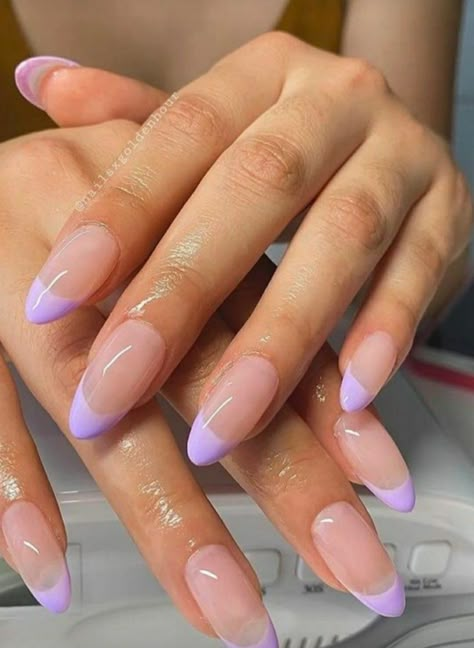 Colorful Tip Nails Almond, Short Acrylic Nails Almond French Tips Pastel, Almond Nails With Purple Tips, Lavender Nail Inspo Almond, Lavender Nails Tips, Lavender Tip Nails Almond, Lavender French Tips Nails, Lavender French Tip Acrylic Nails, Lavender French Manicure