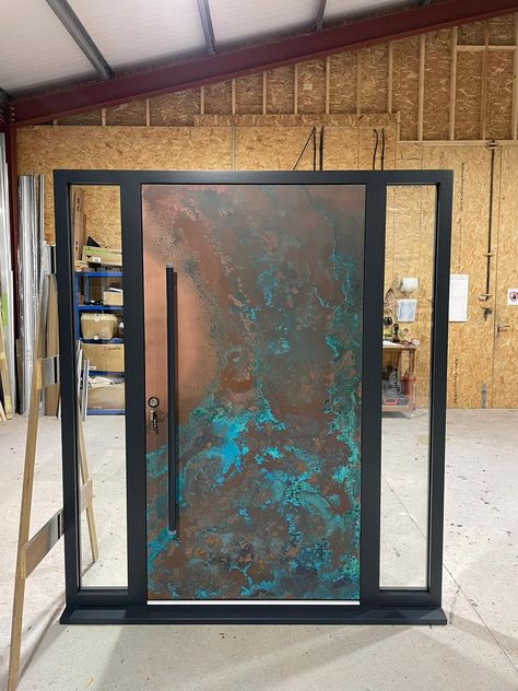 Copper Front Door, Joinery Workshop, Metal Gates Design, Copper Door, Rustic Shed, Steel Doors Exterior, Front Door Inspiration, Copper House, Steel Doors And Windows