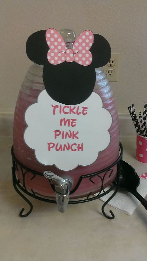 "Tickle Me Pink Punch" for Minnie Mouse theme party. What a fun idea - your guests will love drinking this pretty punch! Minnie Mouse Sign, Feminine Birthday Party Ideas, Minnie Mouse Toodles Party, Minute Mouse Birthday, Minnie Mouse Birthday Party Signs, Minnie Mouse Diy Party Decorations, Light Pink Minnie Mouse Party, Diy Minnie Mouse Party Decorations, Mickey And Minnie 3rd Birthday Party