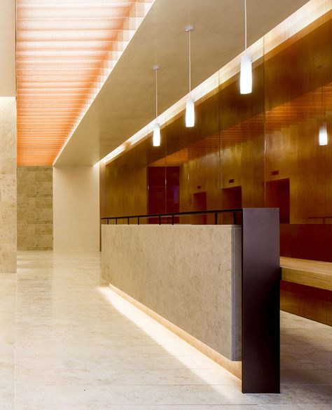 Reception Desk Lighting, Resturant Design, Wall Partition Design, Carlton House, Copper Interior, Brutalist Buildings, Metal Cladding, Expanded Metal, Partition Design