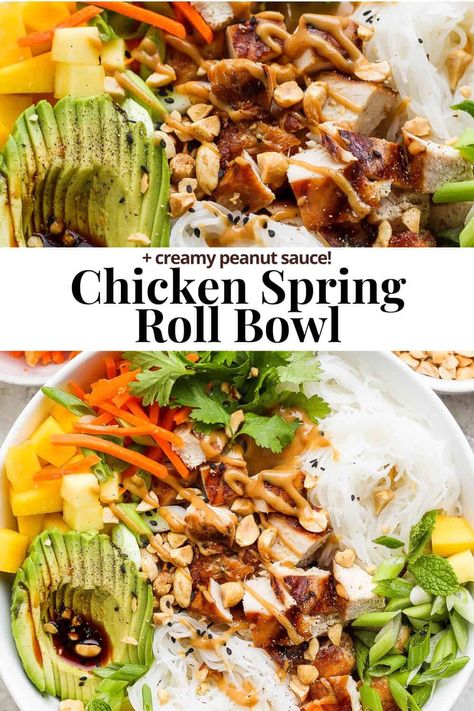 Chicken Spring Roll Bowls - A light   refreshing Chicken Spring Roll Bowl recipe topped with the most amazing peanut sauce! Use rotisserie chicken to make extra easy! #chickenspringrollbowls #peanutchickenspringrollbowls #chickenspringrollbowl #chickenspringrollbowlrecipe #chickenspringrollinabowl Spring Roll Casserole, Thai Bowls Recipe, Spring Roll Noodle Bowl, Healthy Bowl Dinner Recipes, Spring Roll Bowl With Peanut Sauce, Whole 30 Bowl Recipes, Bowl Food Recipes, What To Eat With Spring Rolls, Spring Roll In A Bowl Recipe