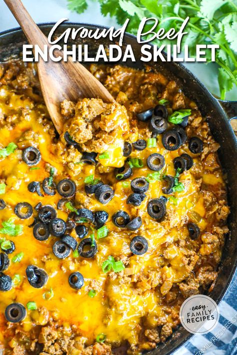 Husband FAVORITE! Beef Enchilada Skillet is a supper quick and easy way to get all the delicious flavor of ground beef enchiladas with none of the carbs! This low carb dinner idea is perfect for the whole family since it can be served low carb, or used to stuff tortillas, over chips, or rice. It is the best easy ground beef dinner recipe and a regular on our dinner rotation. Make it for an easy weeknight dinner or a keto dinner that the whole family will love! Beef Enchilada Skillet, Easy Ground Beef Dinner, Skillet Enchiladas, Easy Low Carb Dinner, Easy Enchilada Recipe, Enchilada Skillet, Ground Beef Dinner, Enchilada Pasta, Ground Beef Enchiladas