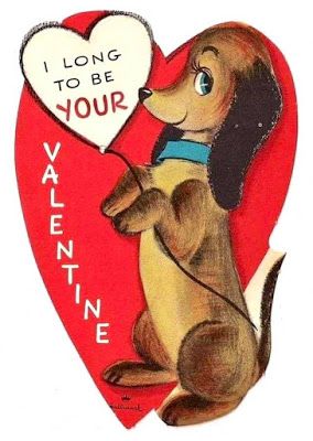 Vintage dachshund Valentine - This dachshund has a white heart balloon and a blue collar.  "I long to be your Valentine." Dachshund Valentines, Valentine Painting, Retro Valentine Cards, Arte Dachshund, Dear Abby, Vintage Valentine Crafts, Vintage Dachshund, Valentine Images, Dachshund Art